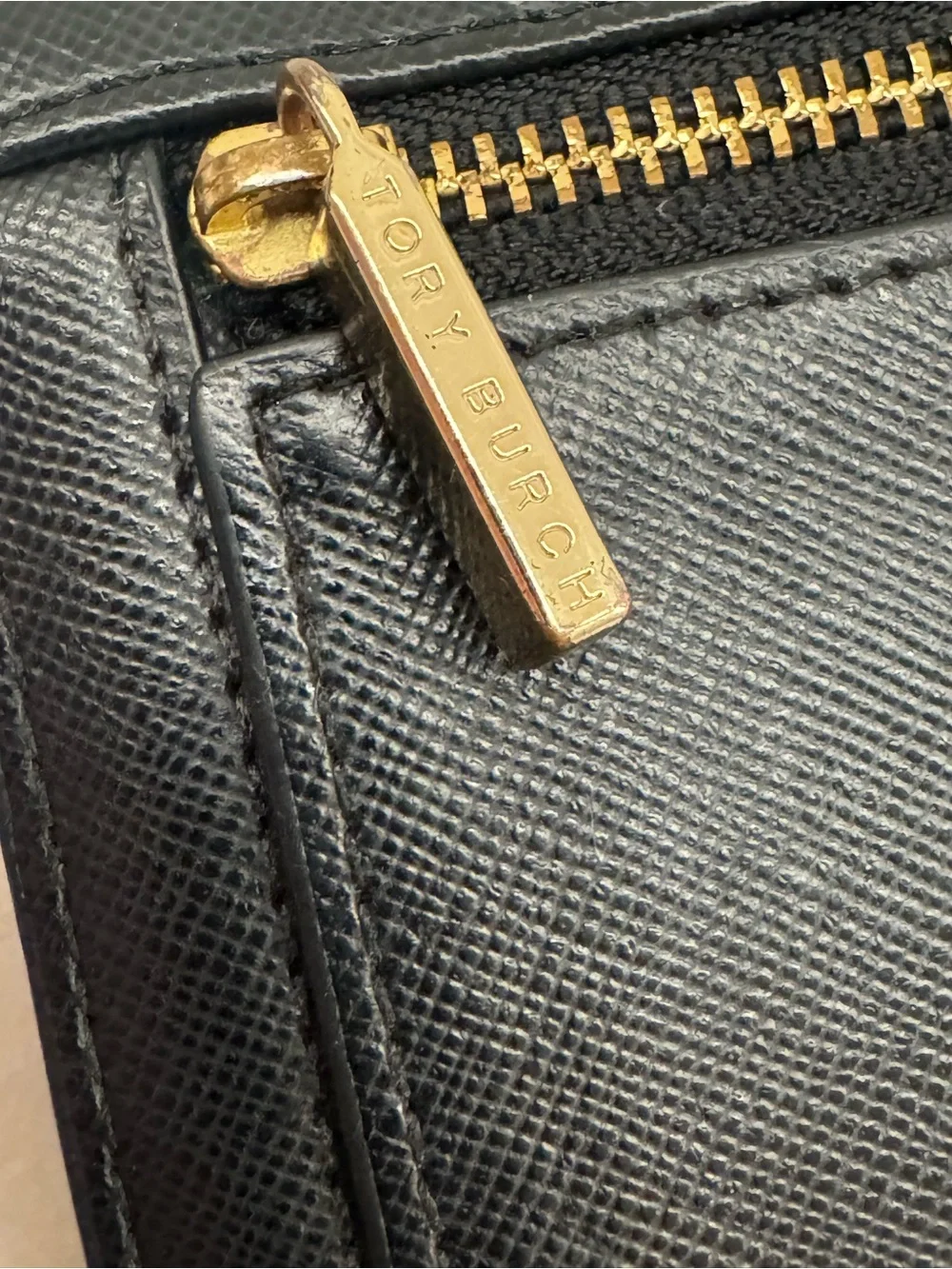 Tory Burch Black Leather Logo Flap Wallet with Gold Emblem